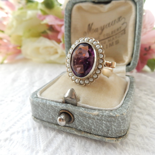Antique Silver & 9ct Gold Amethyst Pearl Ring