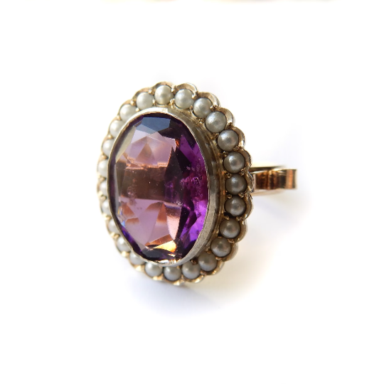 Antique Silver & 9ct Gold Amethyst Pearl Ring