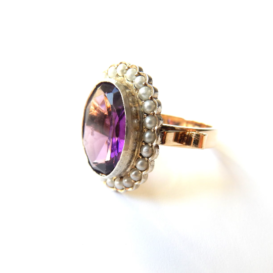 Antique Silver & 9ct Gold Amethyst Pearl Ring