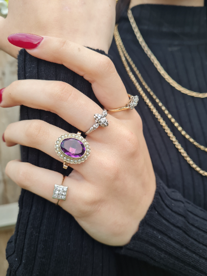 Antique Silver & 9ct Gold Amethyst Pearl Ring