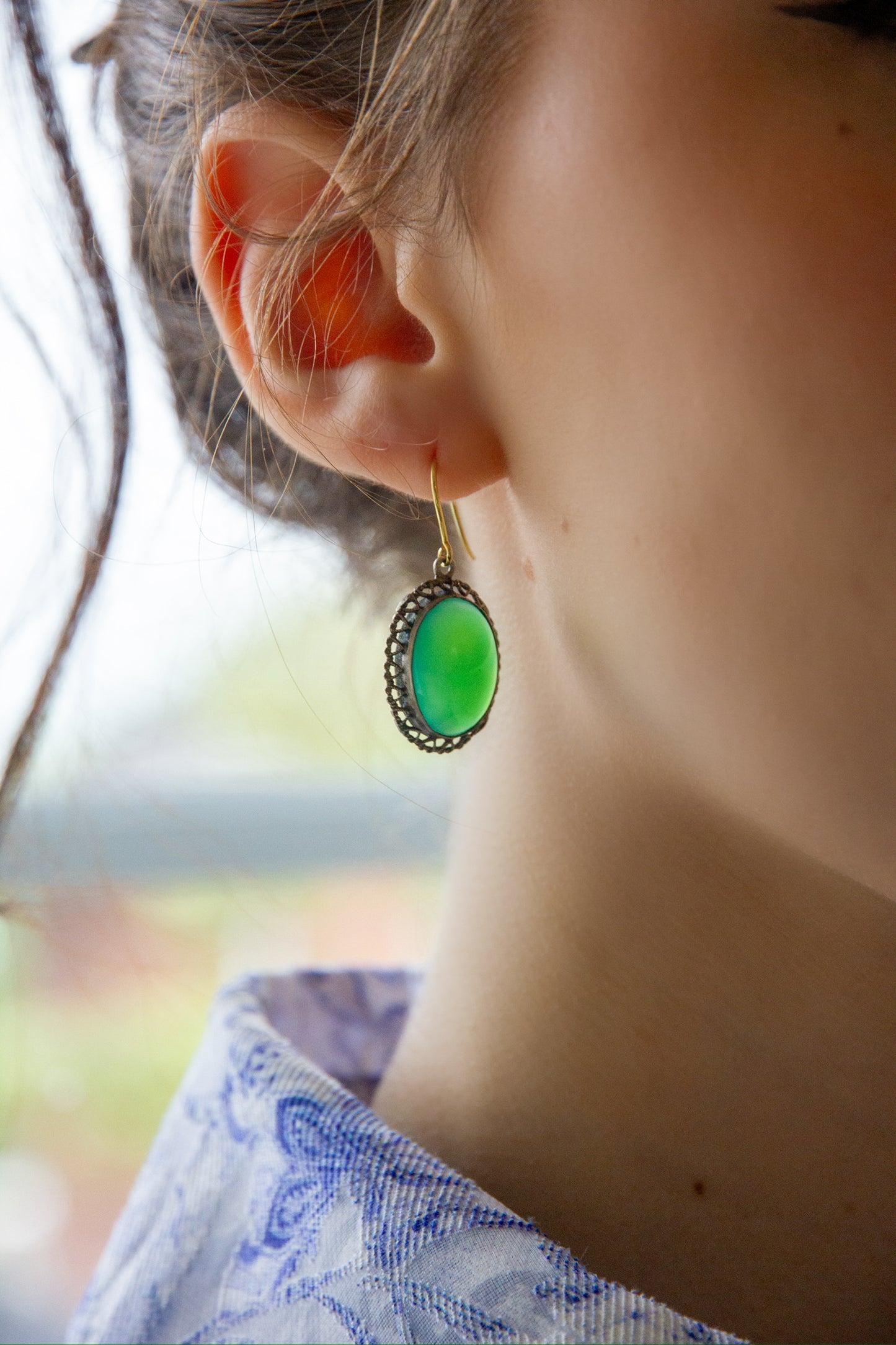 Art Deco 9ct Gold & Silver Chalcedony Earrings