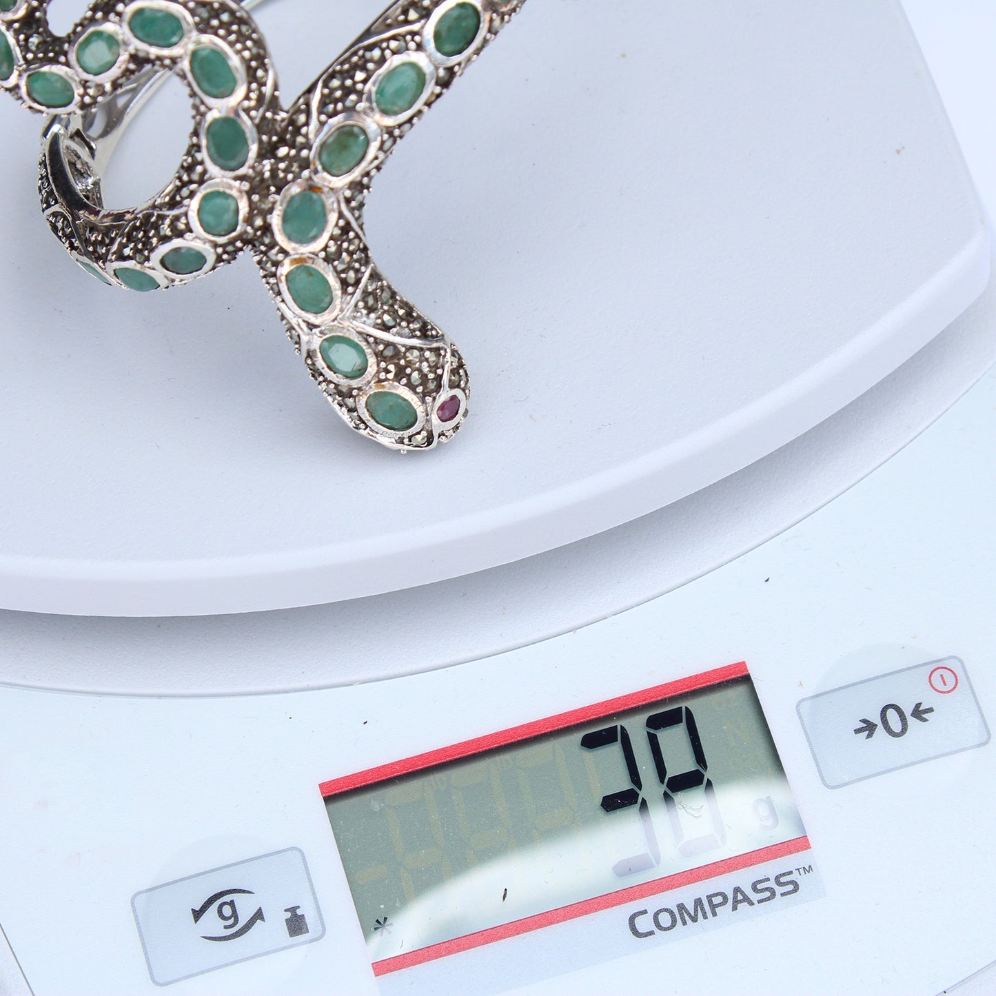 Sterling Silver Emerald Ruby Marcasite Snake Cuff Bracelet