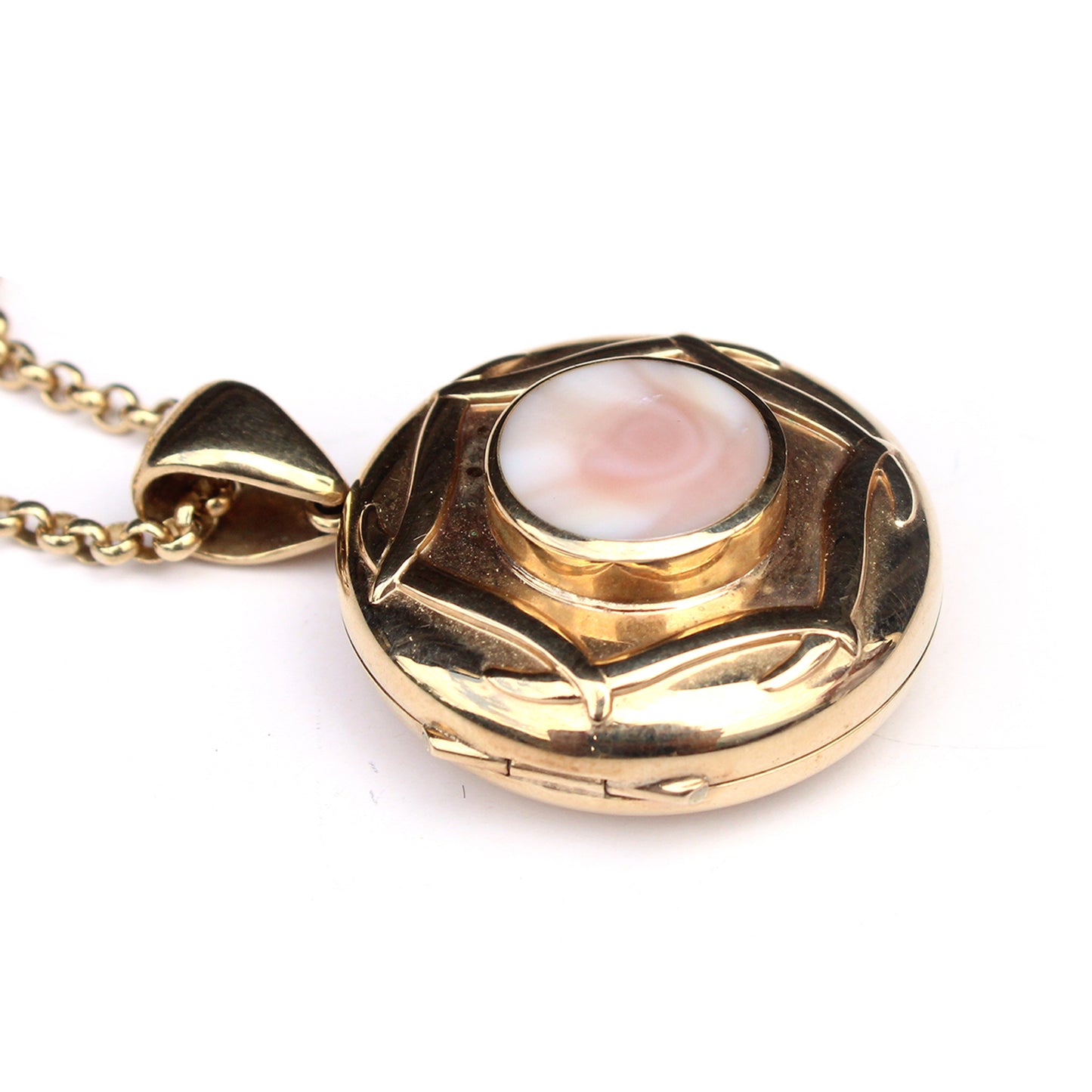 Heavy Vintage 9ct Gold Celtic Locket with Pearl Panel & Belcher Chain