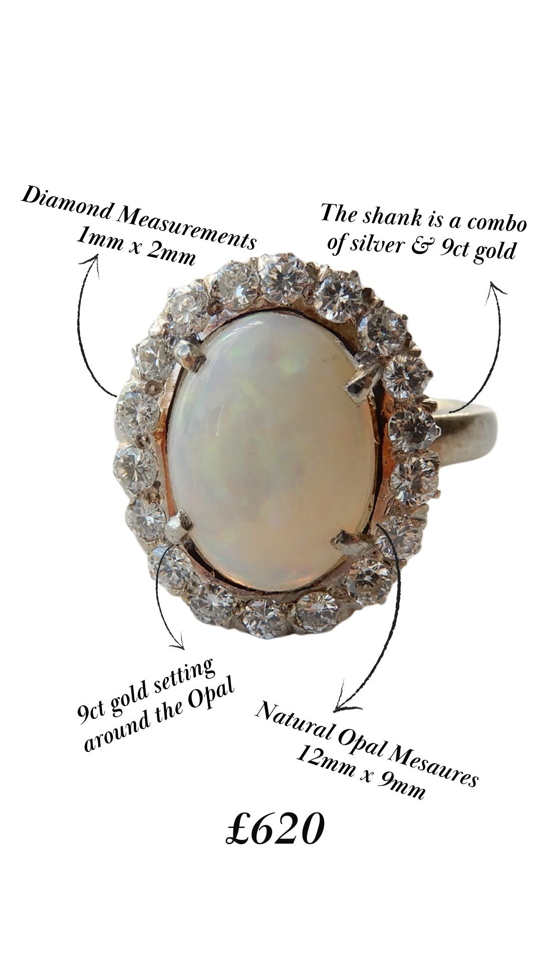 9ct Gold & Silver Opal Diamond Halo Ring