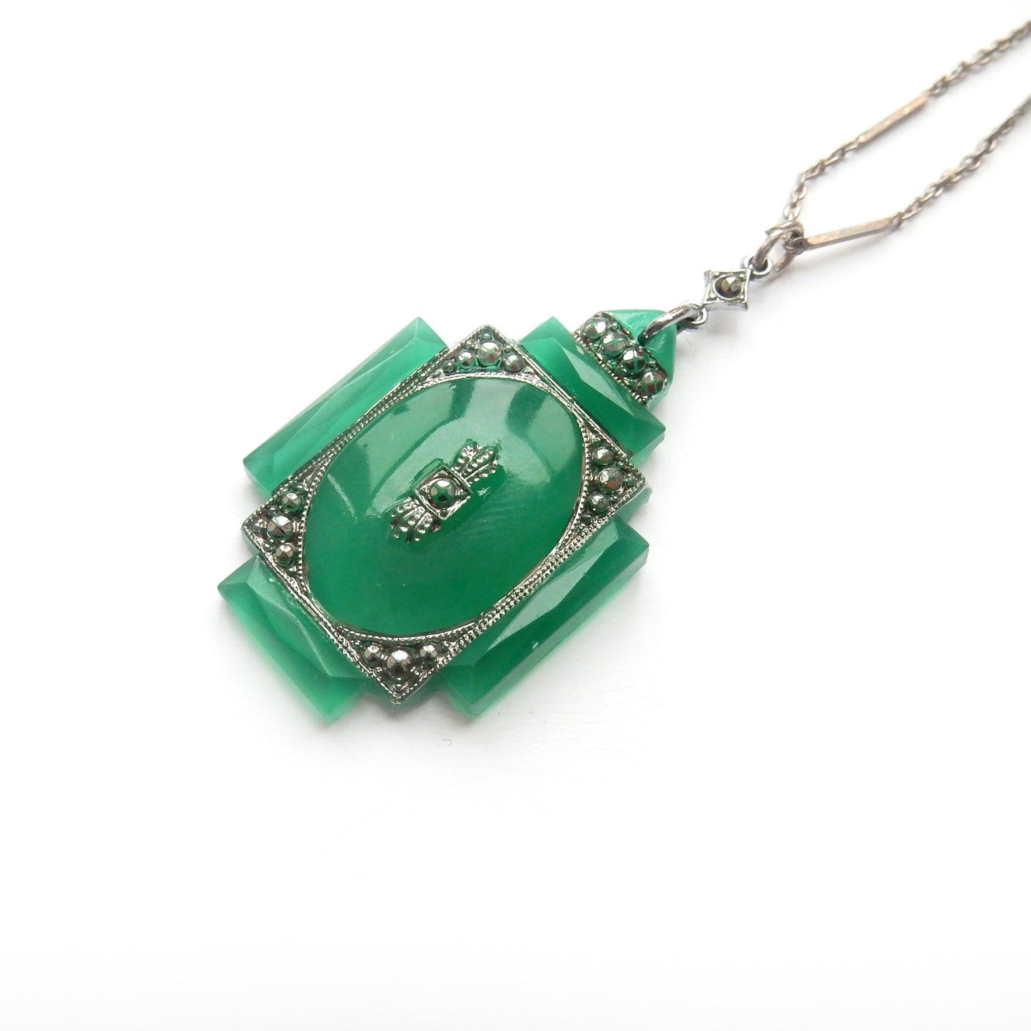 Art Deco 1930s Chalcedony & Marcasite Pendant with Chain
