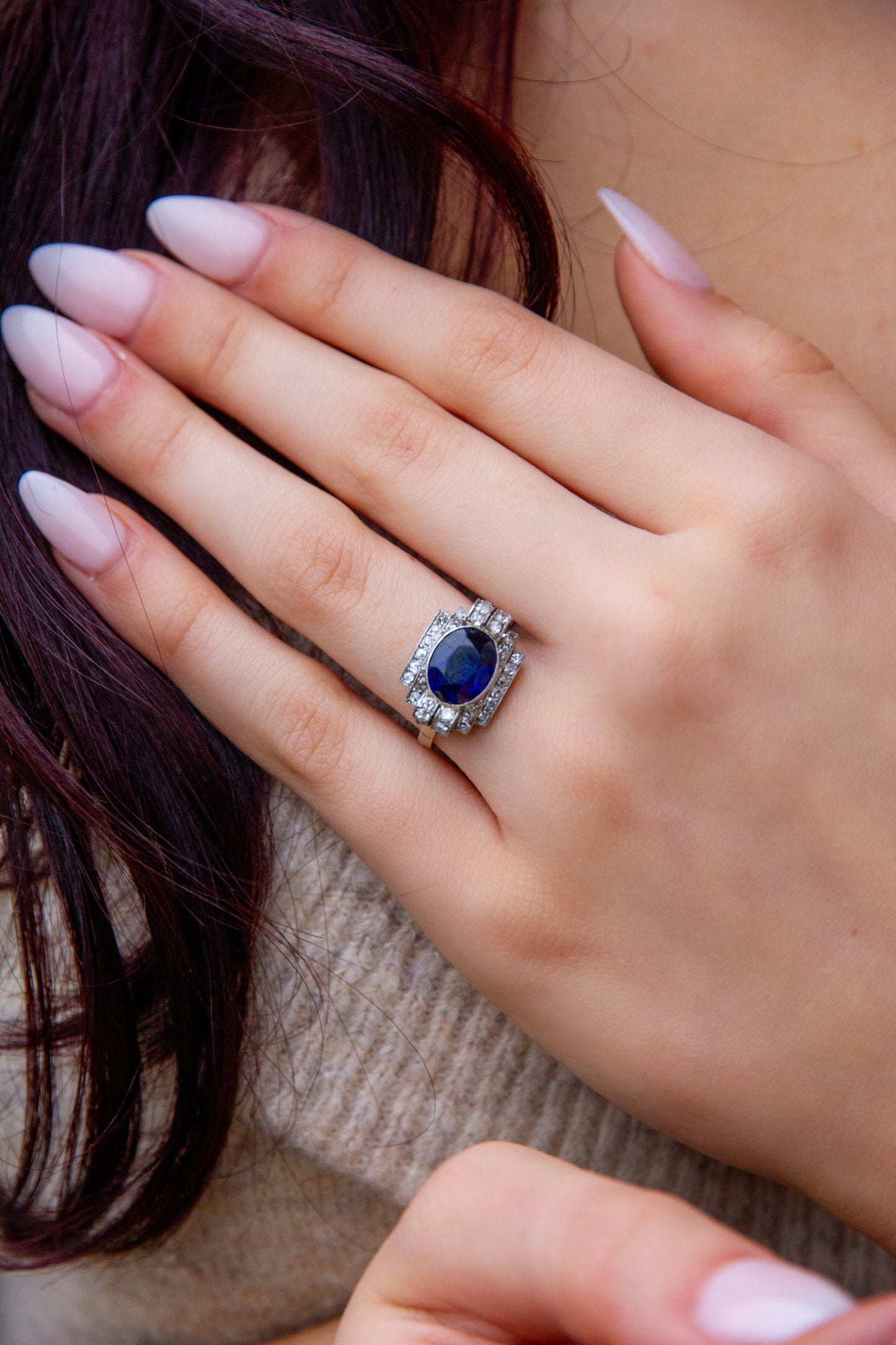 French Art Deco Sapphire & Diamond Ring