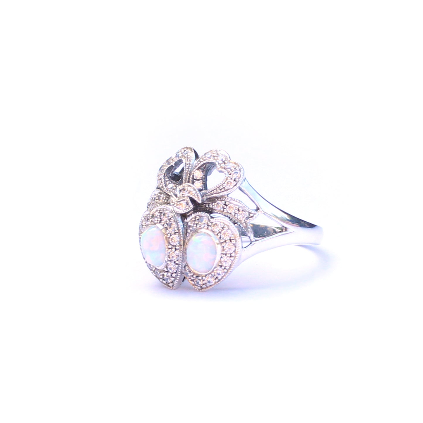 Sterling Silver Opal Cubic Zirconia Double Heart Victorian Style Ring