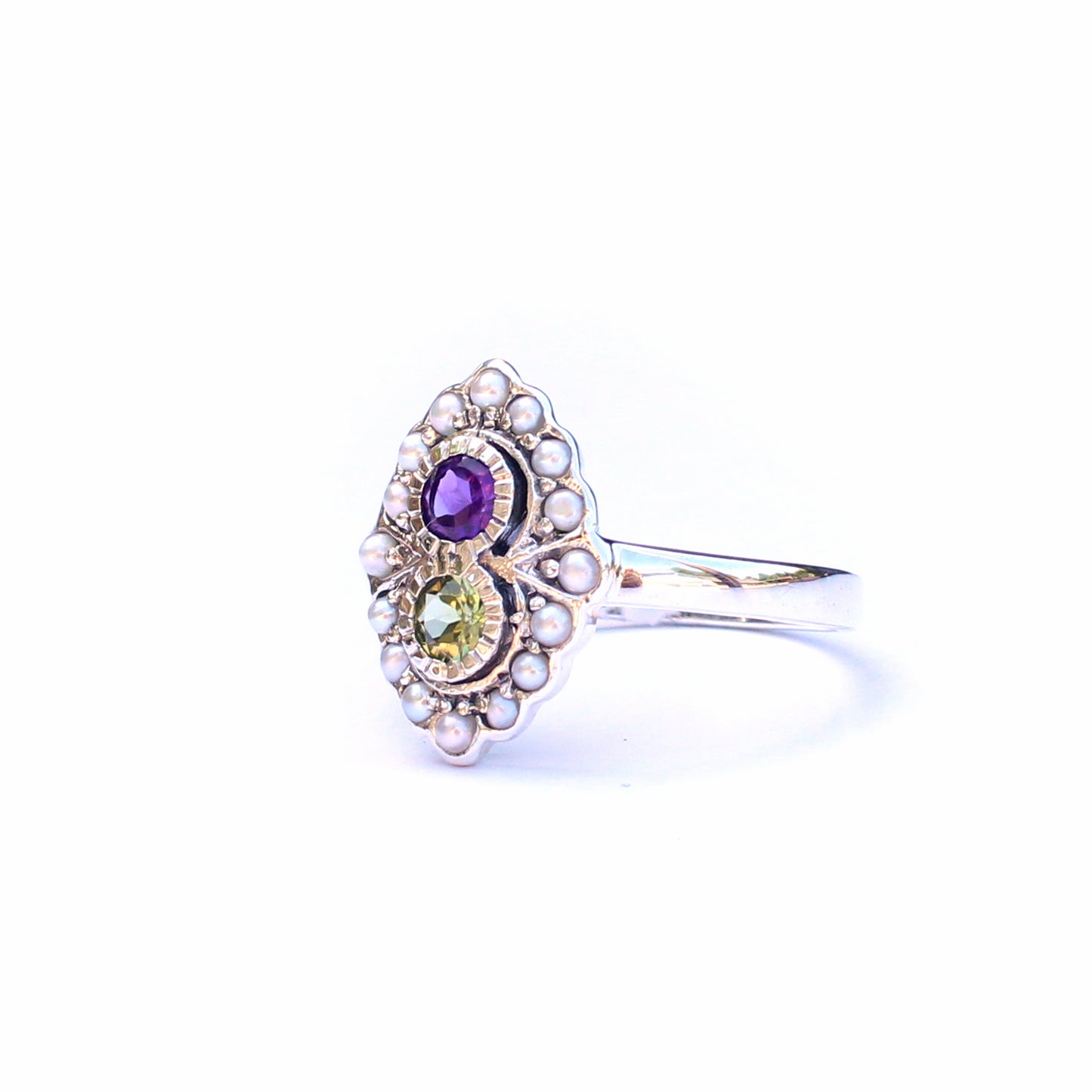 Sterling Silver Opal Peridot & Amethyst Suffragette Style Ring
