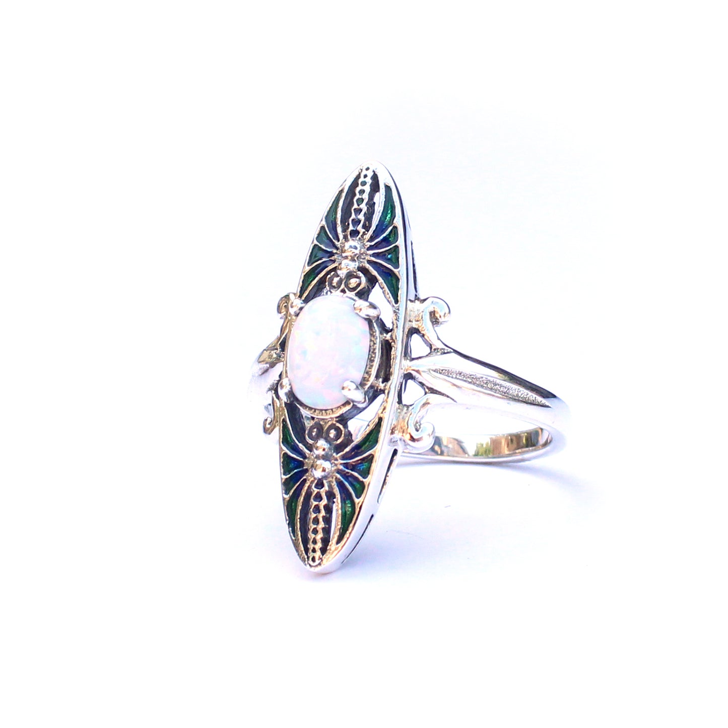 Sterling Silver Opal & Blue Enamel Navette Ring