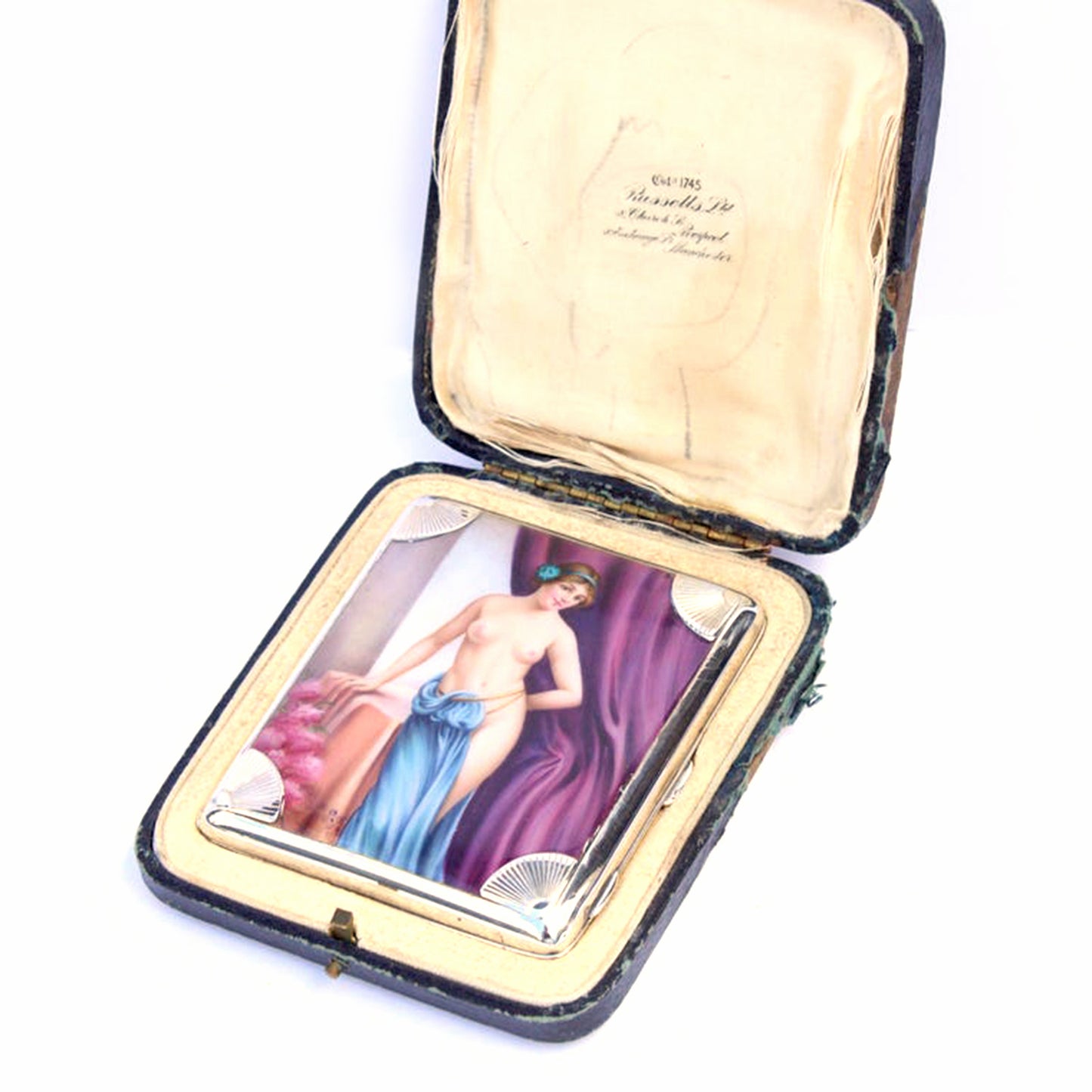 Rare 1920s Art Deco Sterling Silver Erotica Enamel Cigarette Case by Joseph Gloster