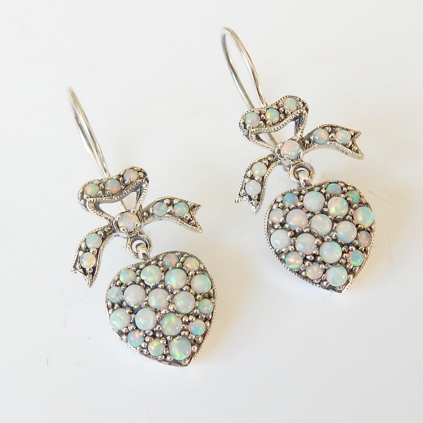Sterling Silver Opal Heart Earrings