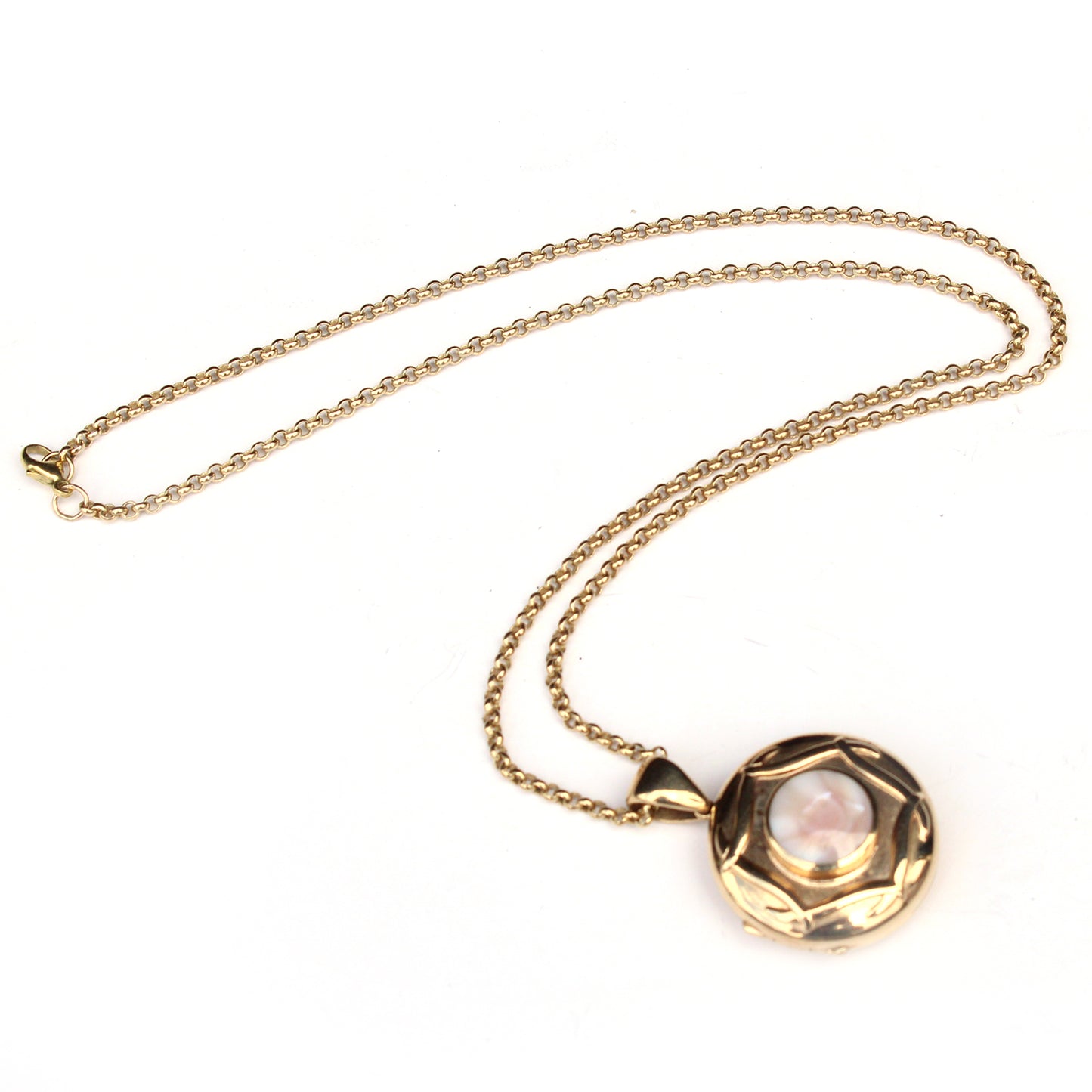 Heavy Vintage 9ct Gold Celtic Locket with Pearl Panel & Belcher Chain