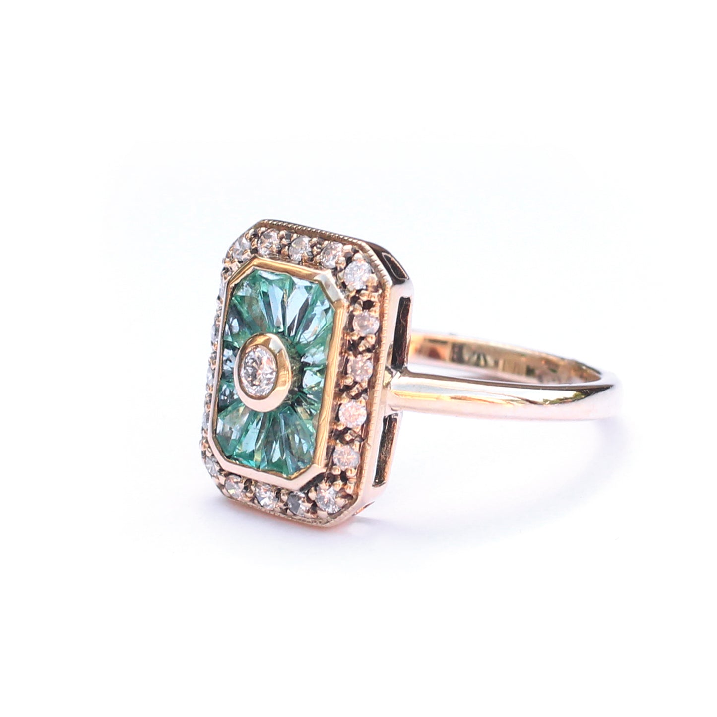9ct Gold Emerald & Diamond Panel Ring