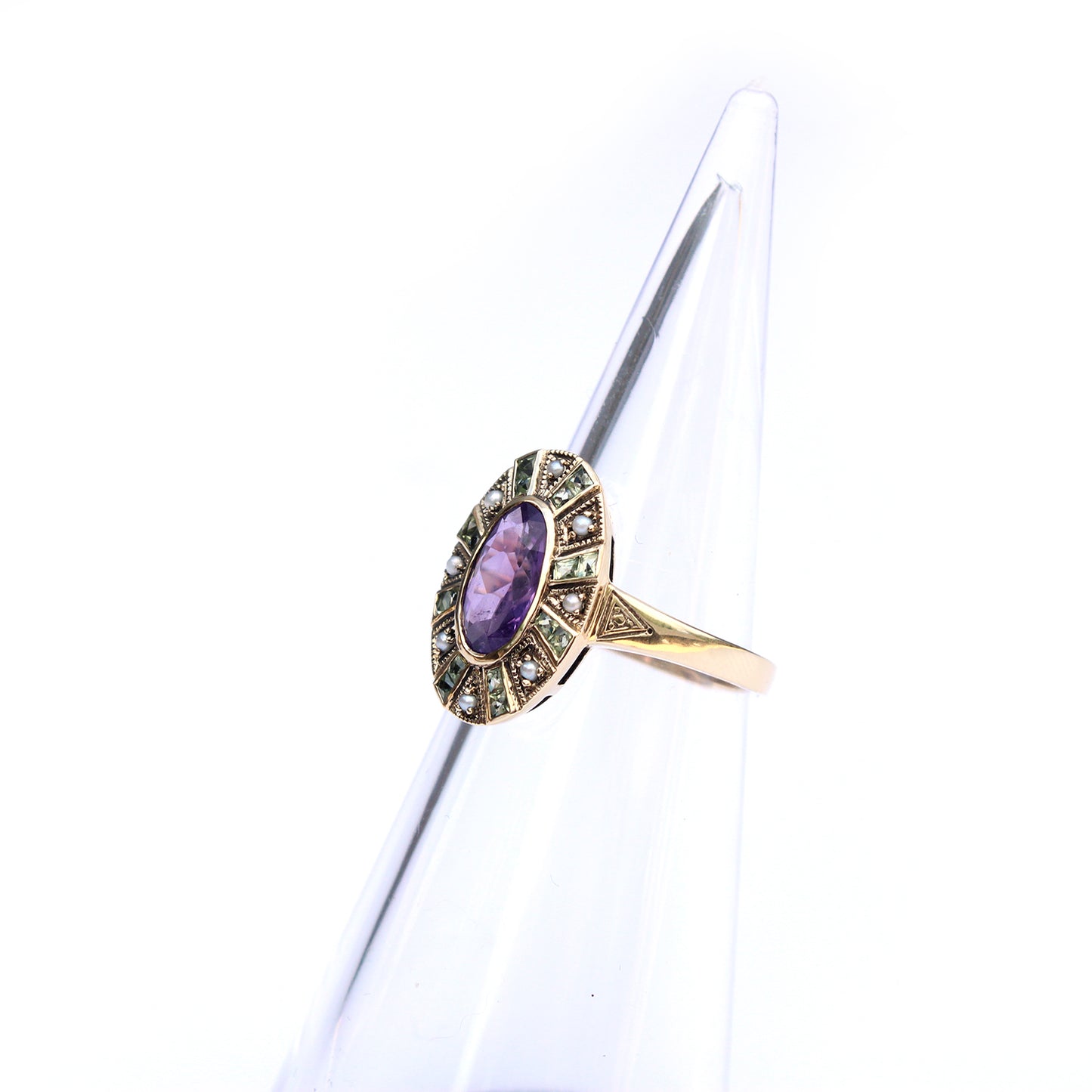 9ct Gold Amethyst Peridot & Pearl Suffragette Style Ring