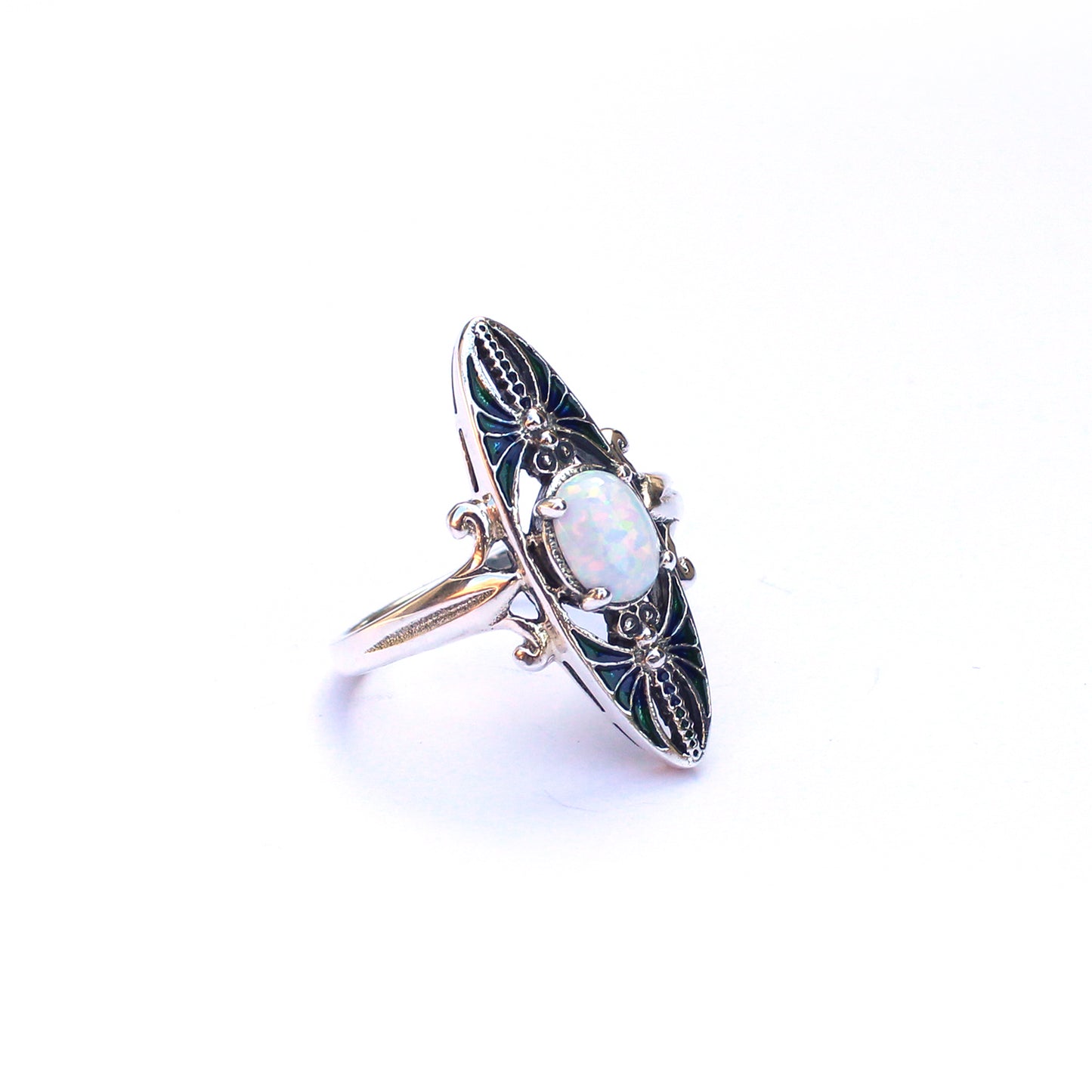 Sterling Silver Opal & Blue Enamel Navette Ring