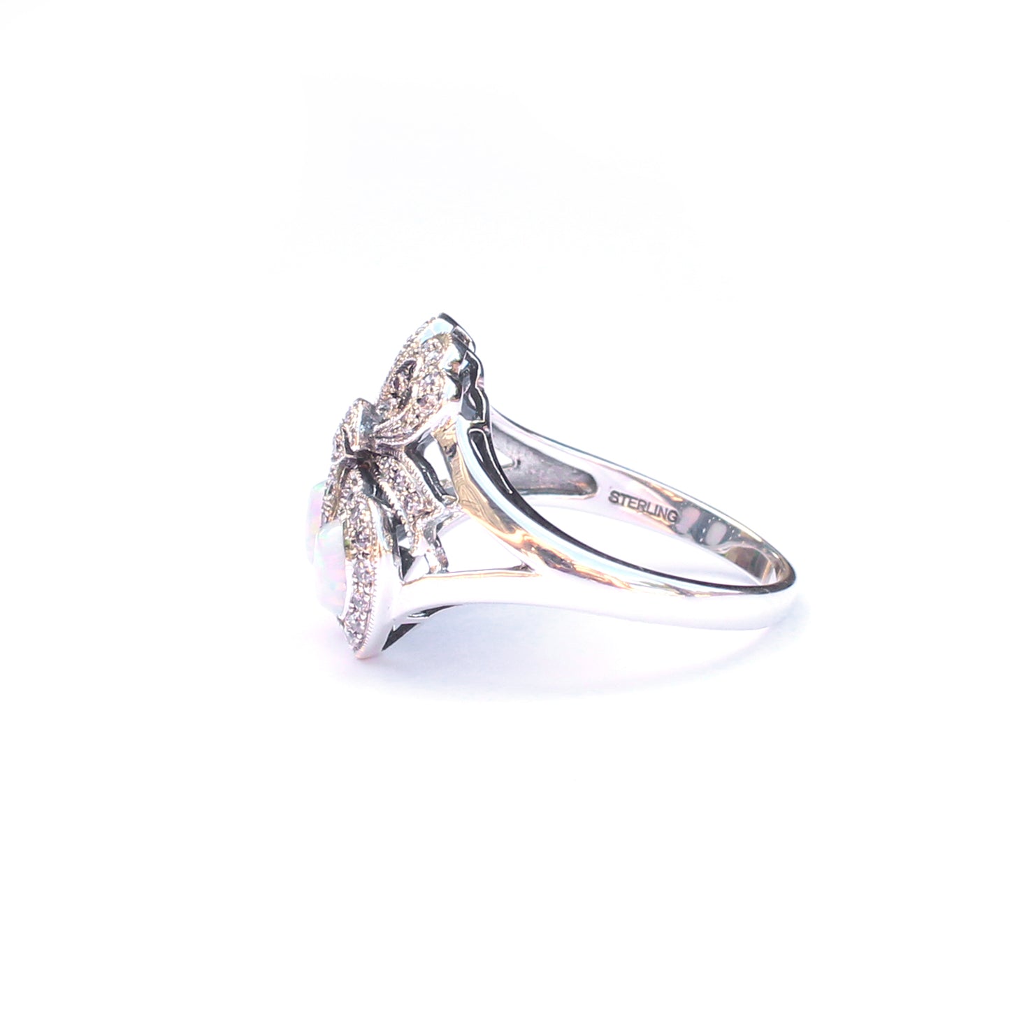 Sterling Silver Opal Cubic Zirconia Double Heart Victorian Style Ring
