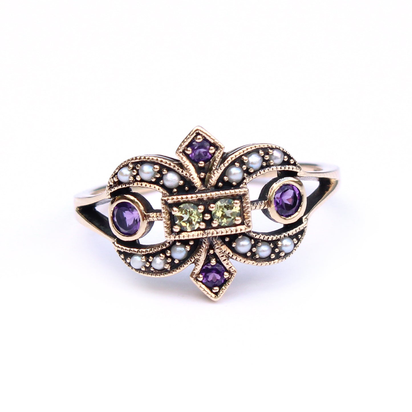9ct Gold Victorian Style Amethyst Peridot & Pearl Fleur Di Lis Ring