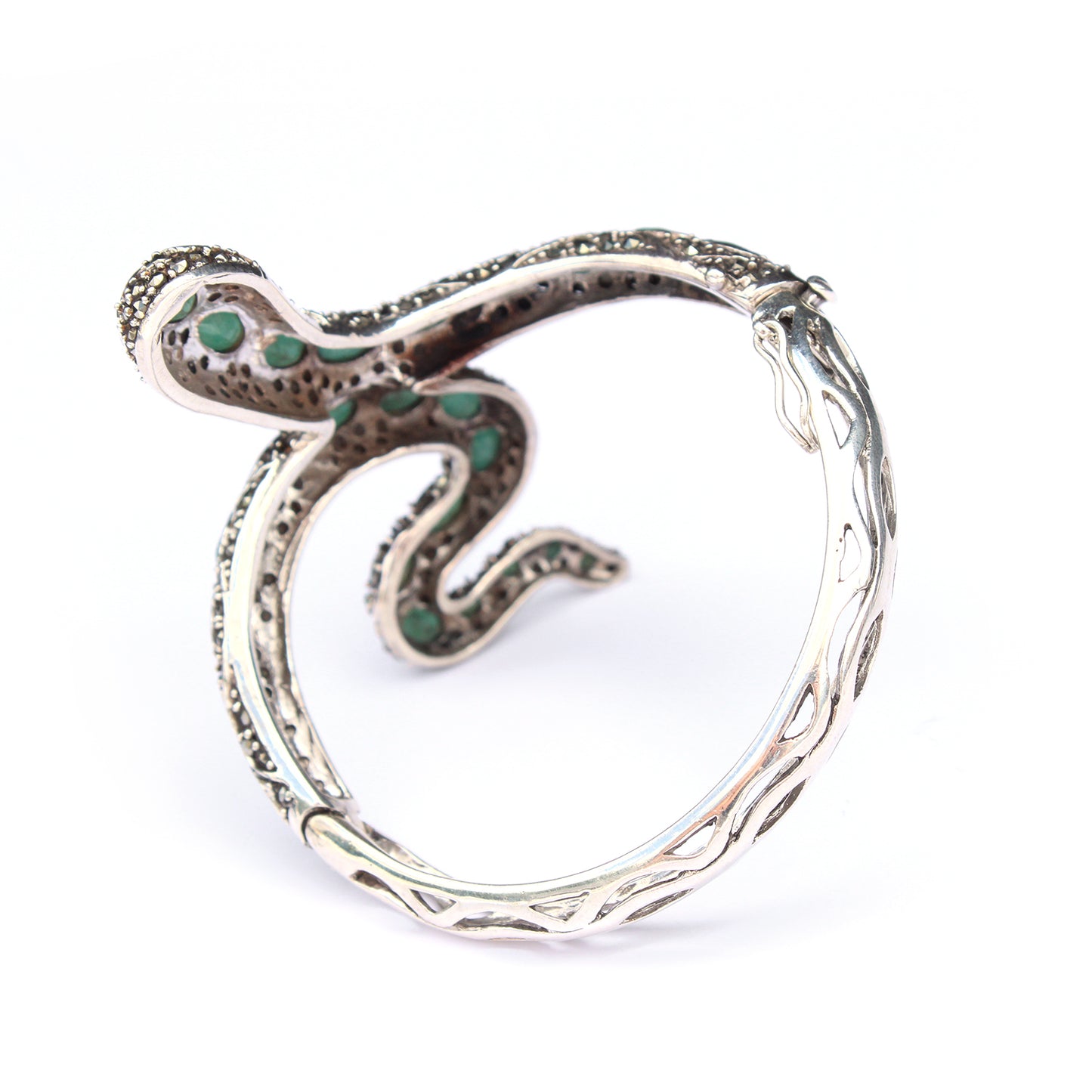 Sterling Silver Emerald Ruby Marcasite Snake Cuff Bracelet