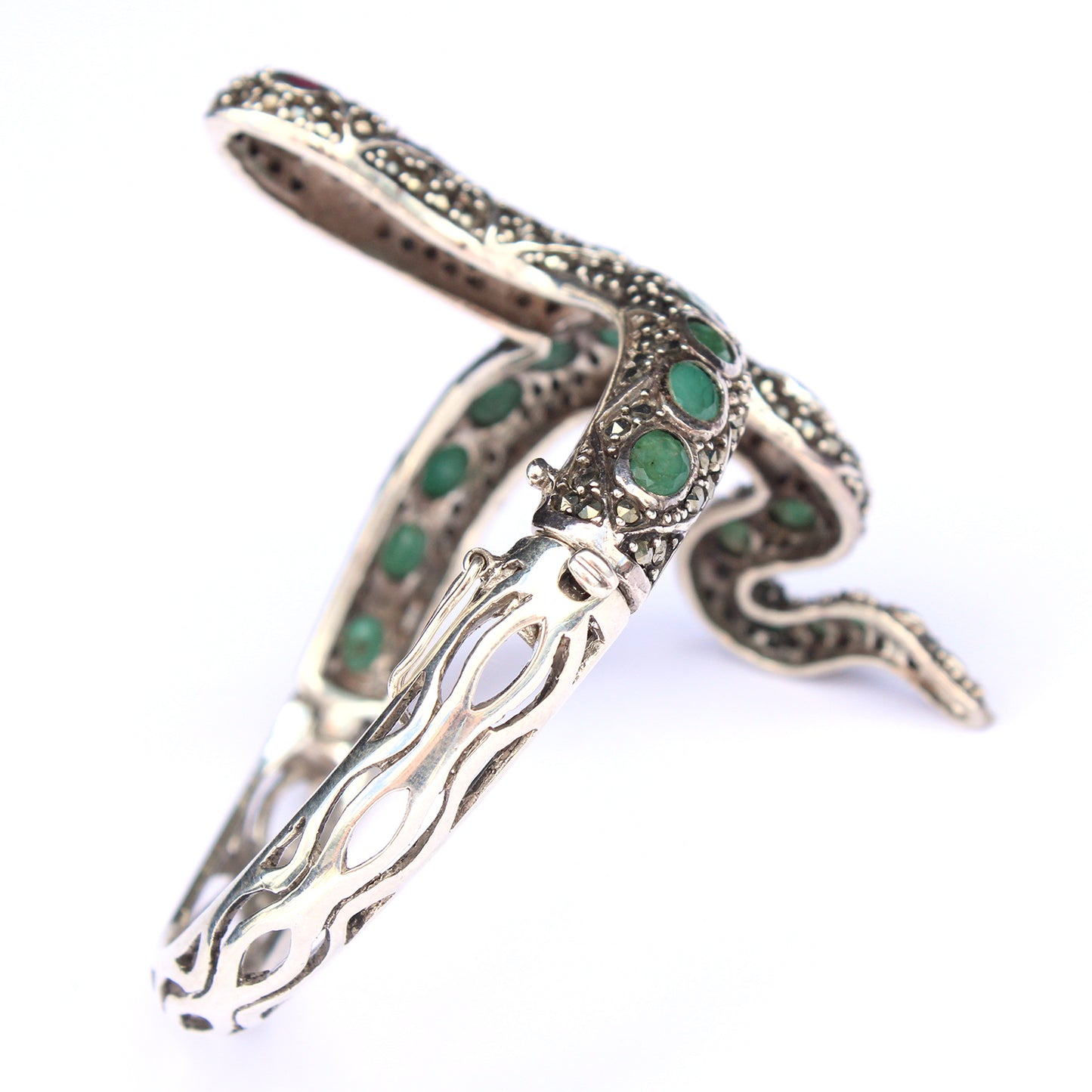Sterling Silver Emerald Ruby Marcasite Snake Cuff Bracelet