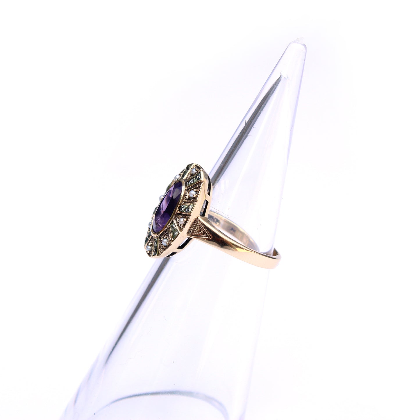 9ct Gold Amethyst Peridot & Pearl Suffragette Style Ring