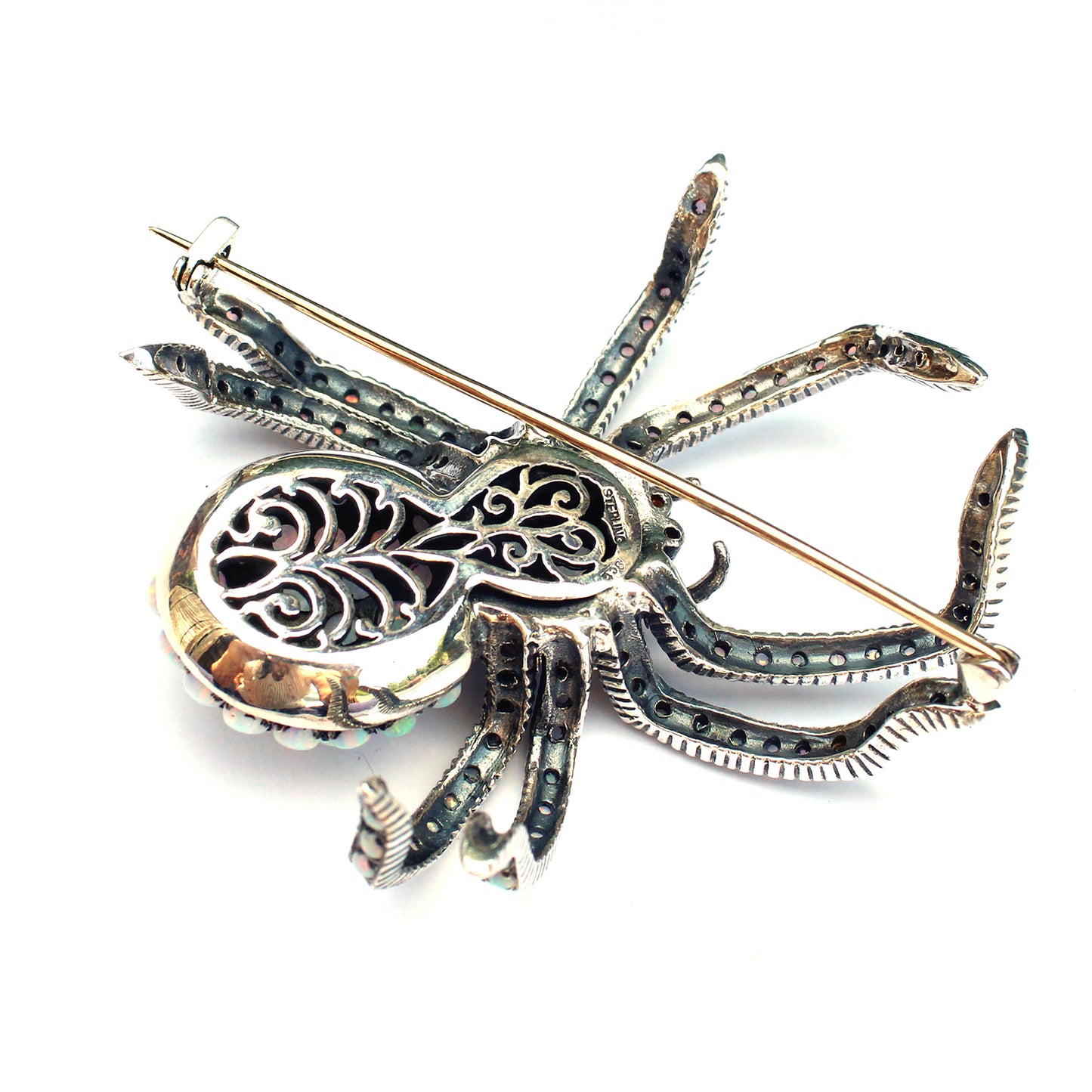 Large Sterling Silver Opal Spider Brooch