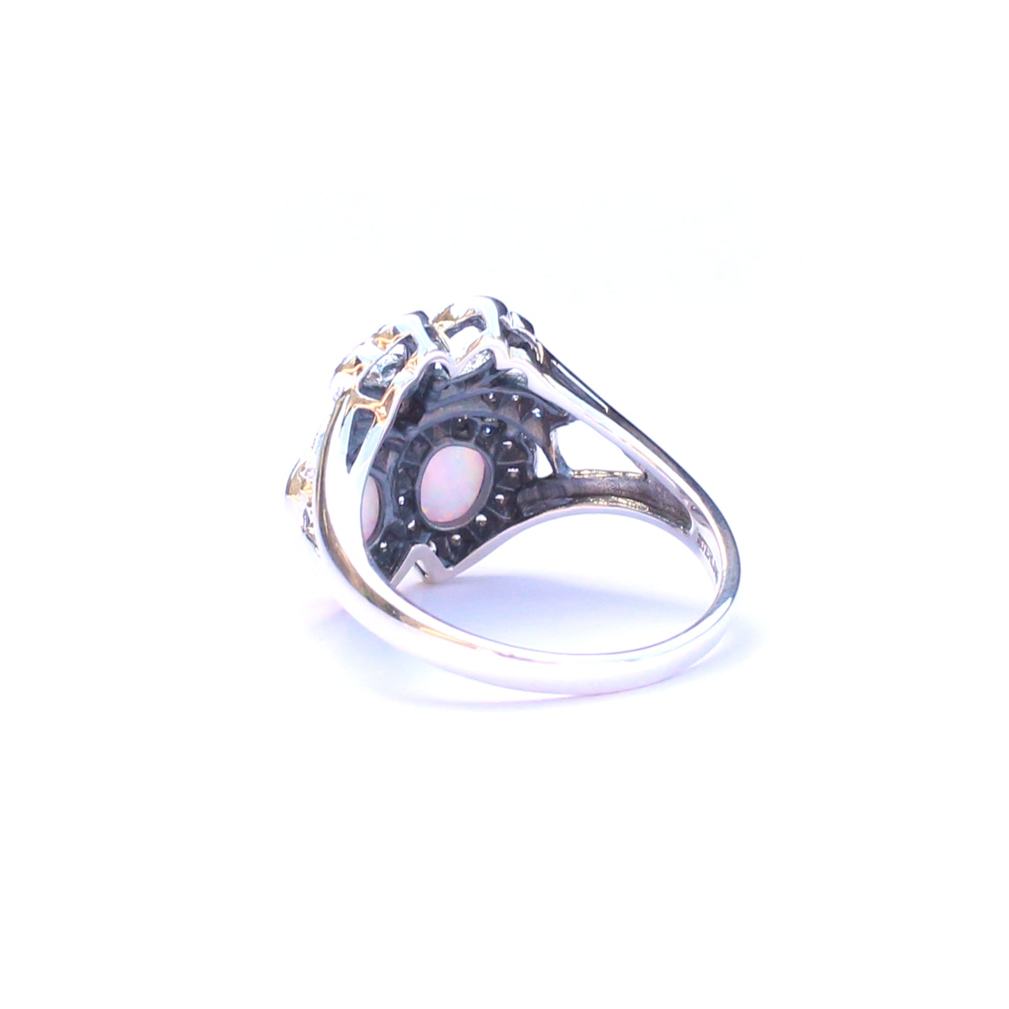 Sterling Silver Opal Cubic Zirconia Double Heart Victorian Style Ring