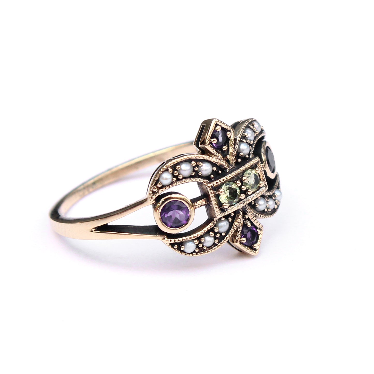 9ct Gold Victorian Style Amethyst Peridot & Pearl Fleur Di Lis Ring