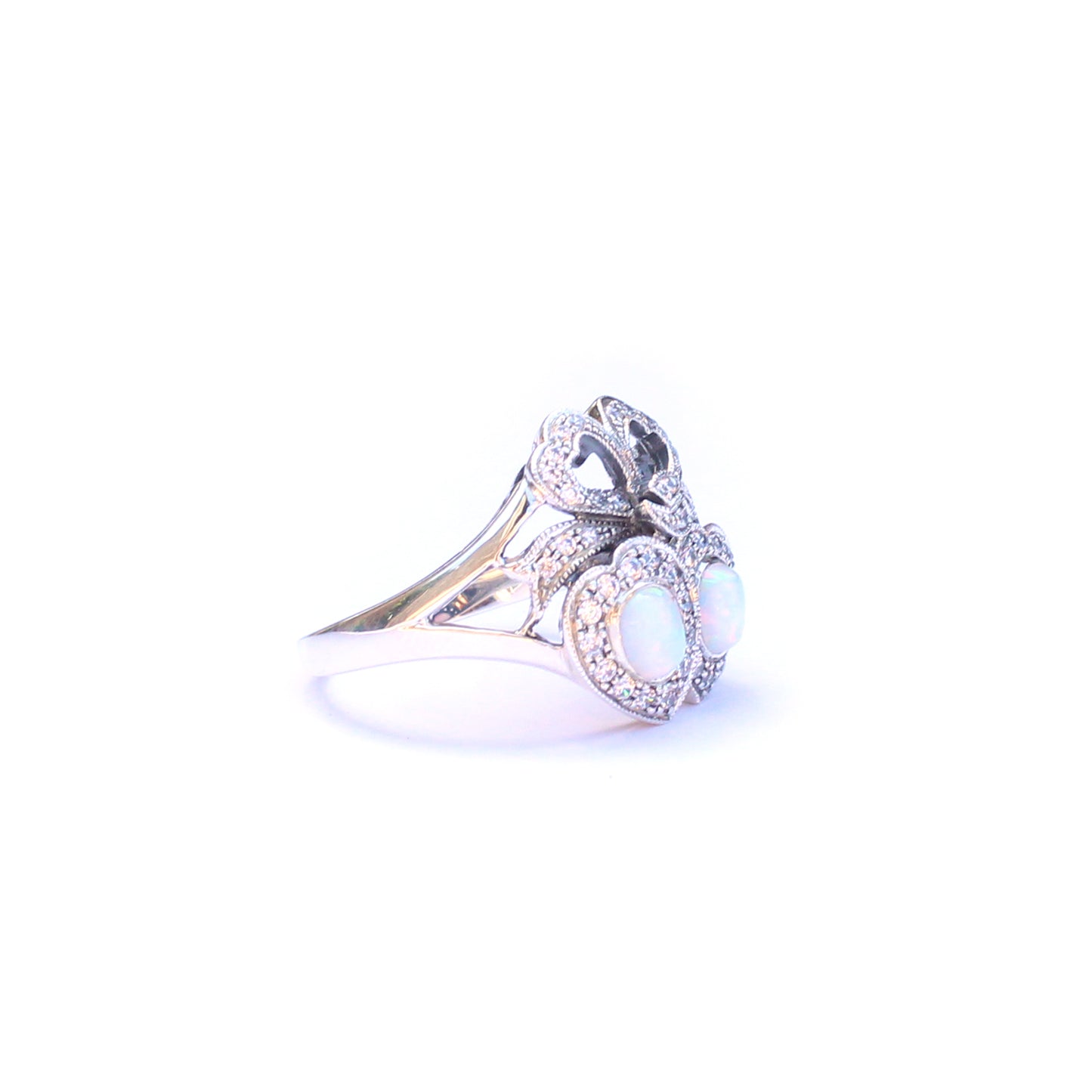 Sterling Silver Opal Cubic Zirconia Double Heart Victorian Style Ring