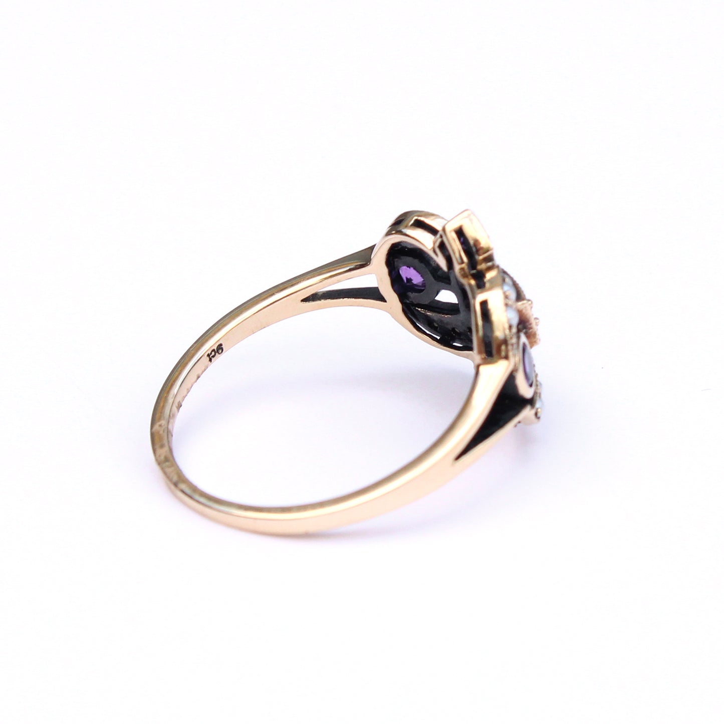 9ct Gold Victorian Style Amethyst Peridot & Pearl Fleur Di Lis Ring