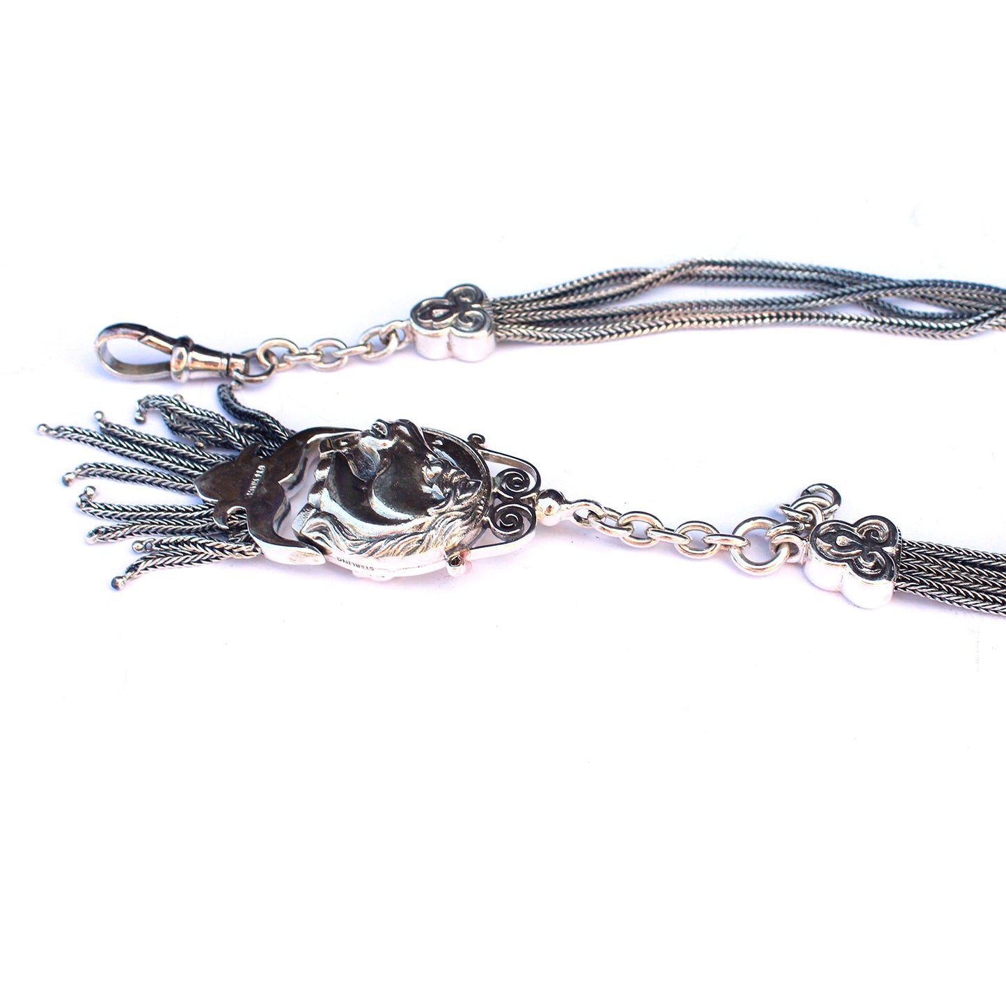 Vintage Sterling Silver Horse Albert Chain Pocket Watch Fob with Tassel & Dog Clip