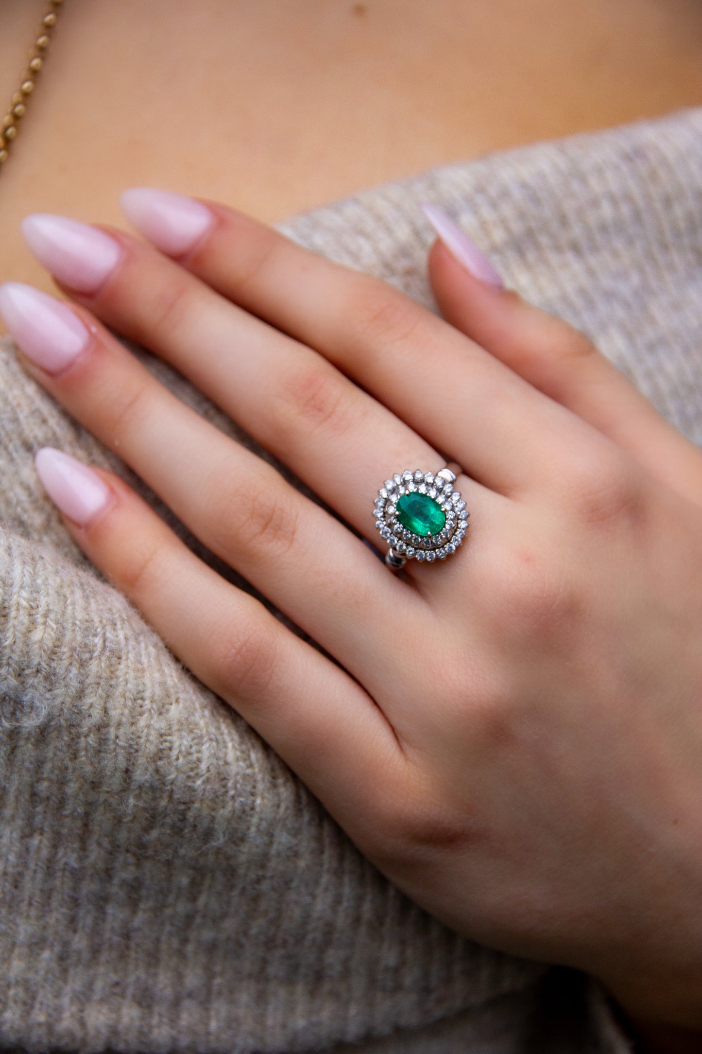 14ct White Gold Emerald & Diamond Halo Ring