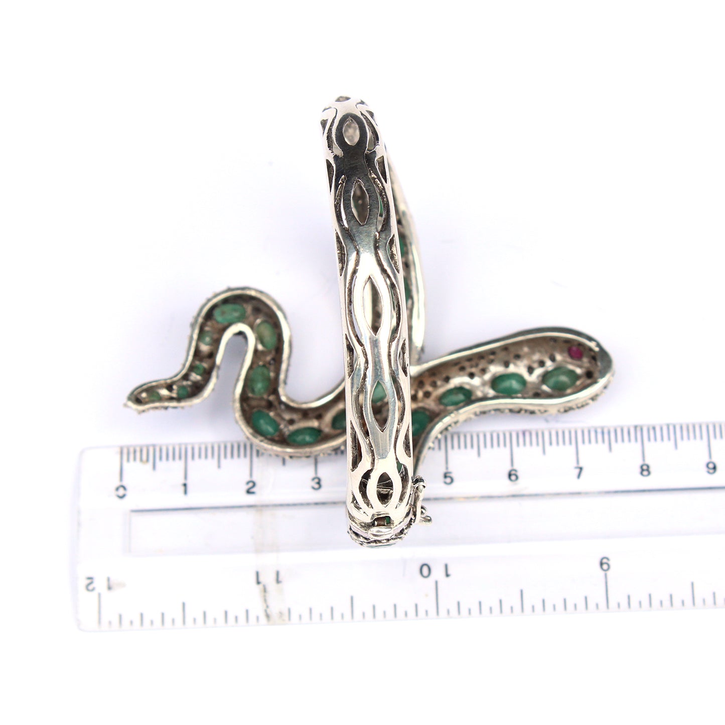 Sterling Silver Emerald Ruby Marcasite Snake Cuff Bracelet