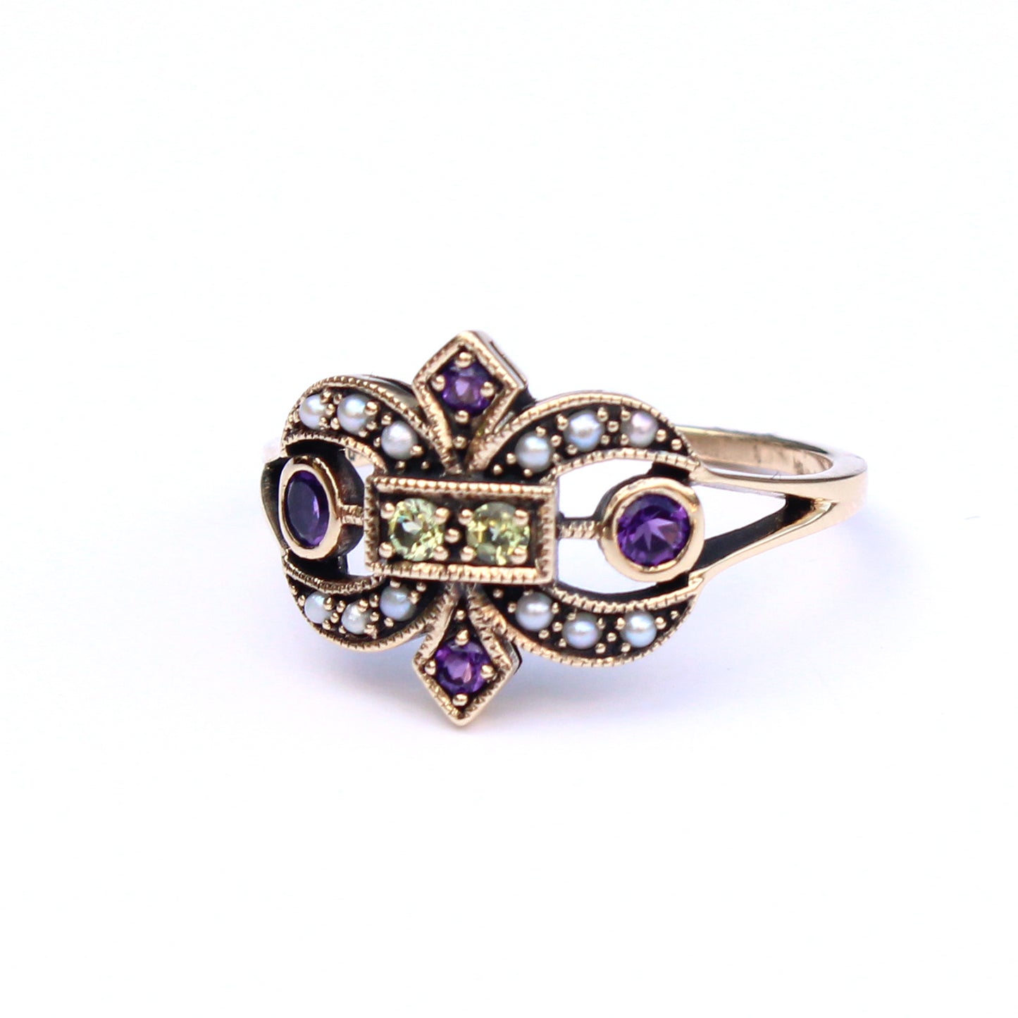 9ct Gold Victorian Style Amethyst Peridot & Pearl Fleur Di Lis Ring