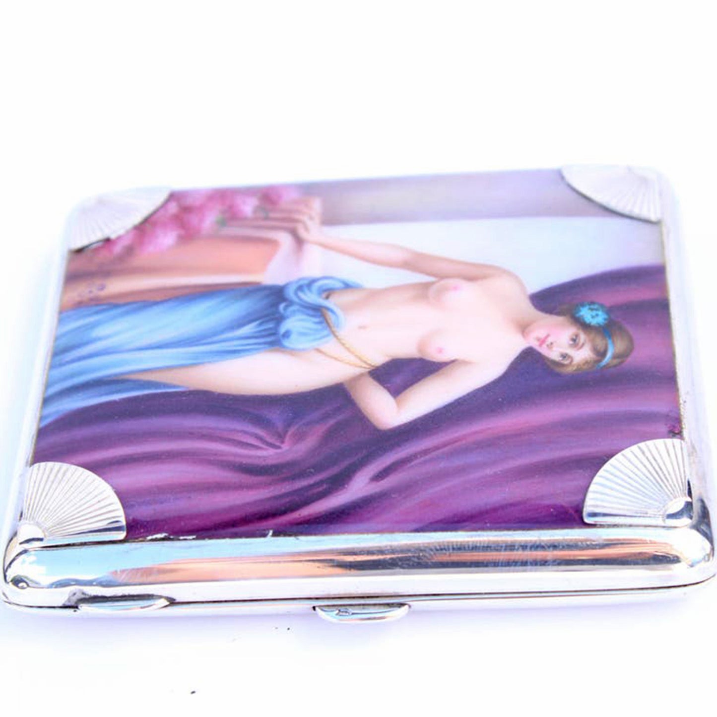 Rare 1920s Art Deco Sterling Silver Erotica Enamel Cigarette Case by Joseph Gloster