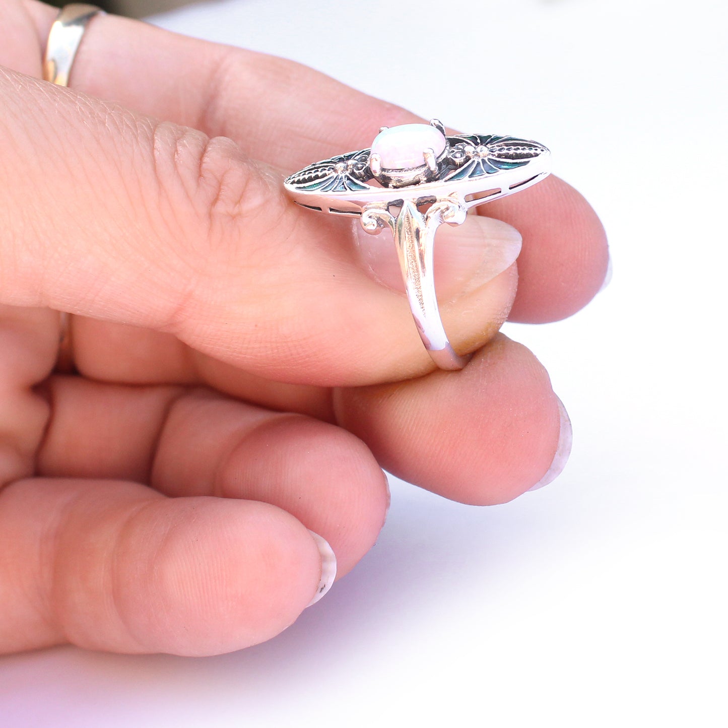 Sterling Silver Opal & Blue Enamel Navette Ring