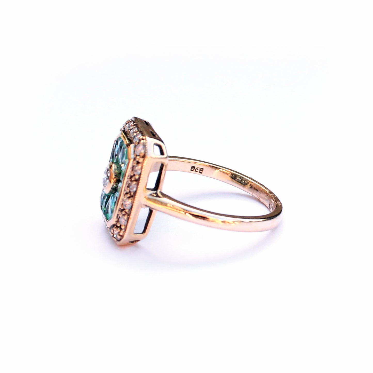 9ct Gold Emerald & Diamond Panel Ring
