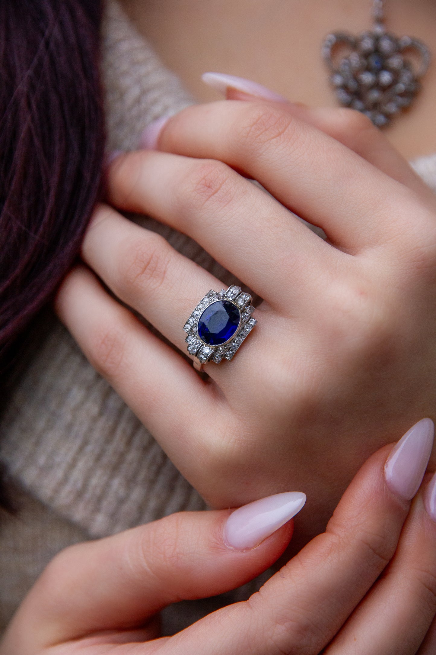 French Art Deco Sapphire & Diamond Ring