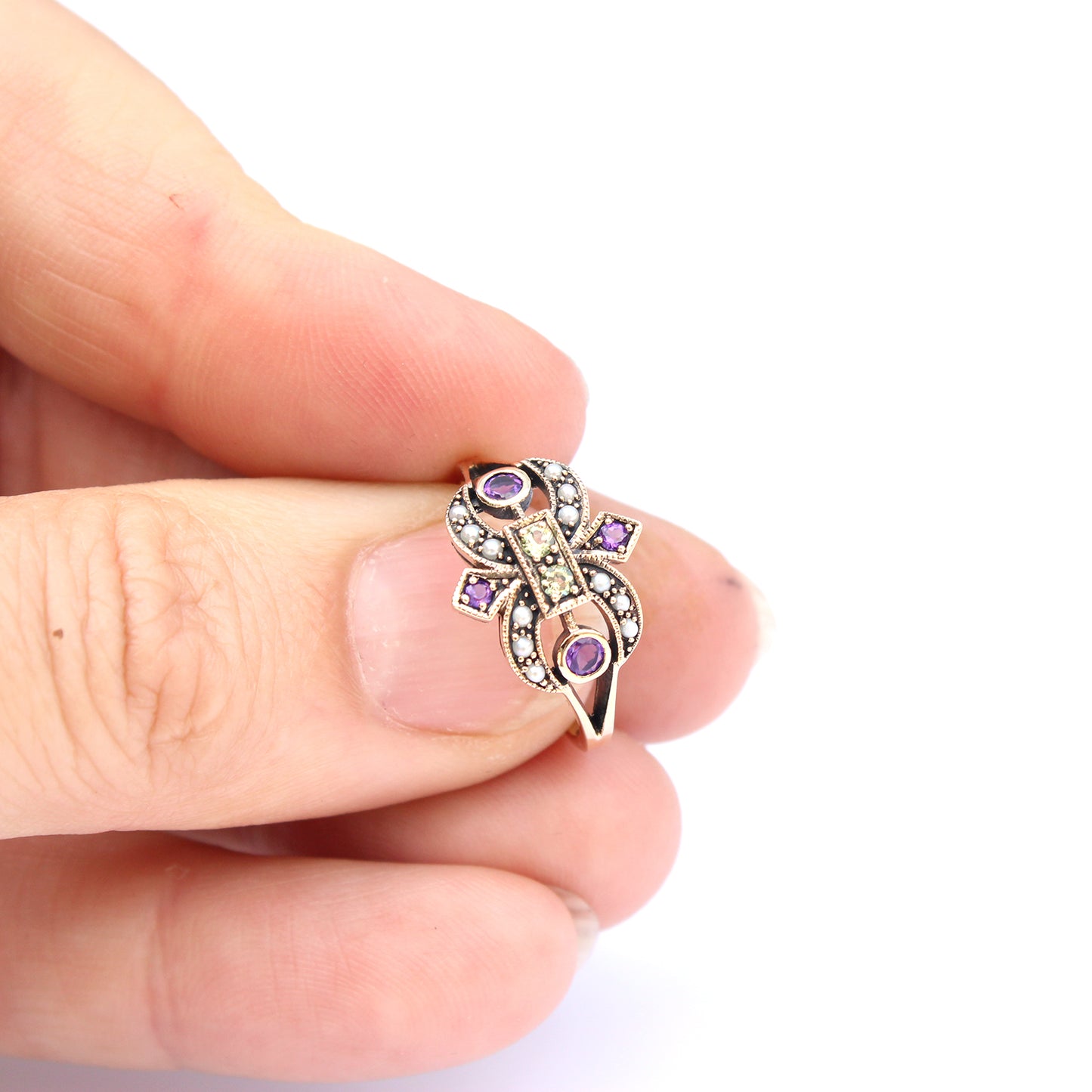 9ct Gold Victorian Style Amethyst Peridot & Pearl Fleur Di Lis Ring