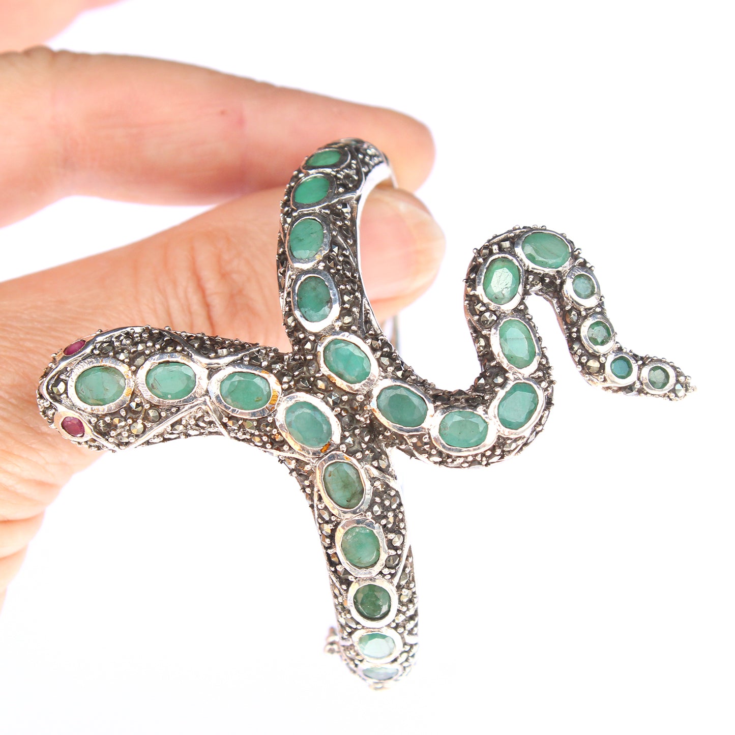 Sterling Silver Emerald Ruby Marcasite Snake Cuff Bracelet