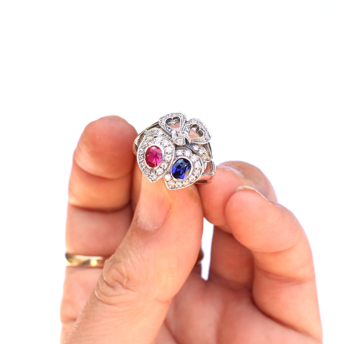 Sterling Silver Victorian Style Sapphire & Ruby Sweetheart Ring