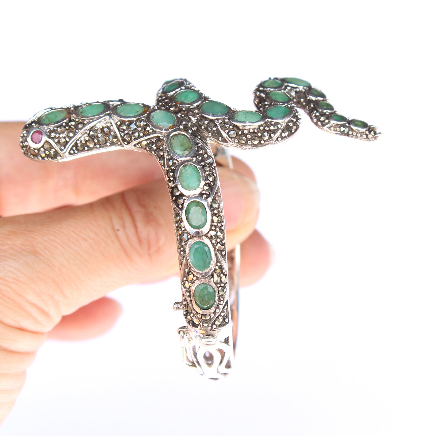 Sterling Silver Emerald Ruby Marcasite Snake Cuff Bracelet