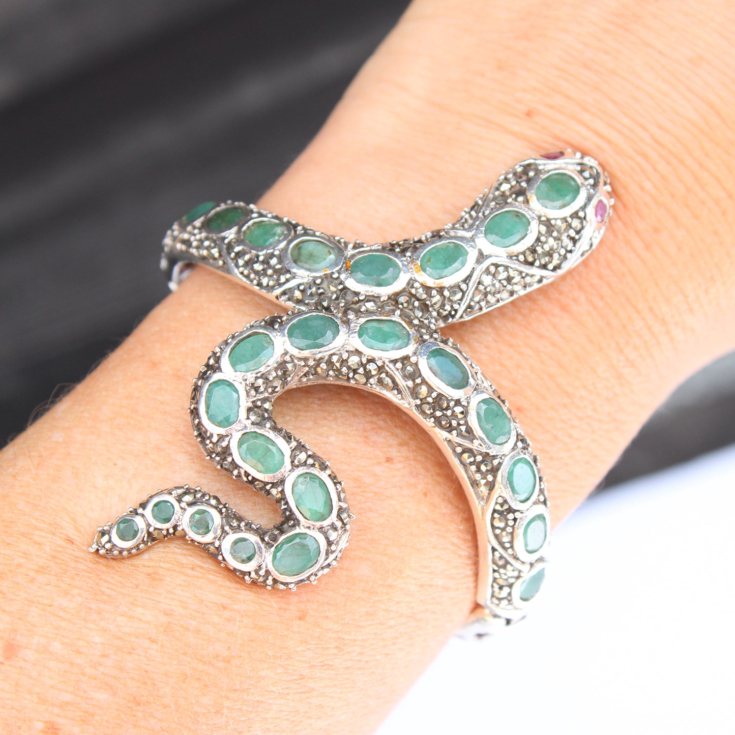 Sterling Silver Emerald Ruby Marcasite Snake Cuff Bracelet