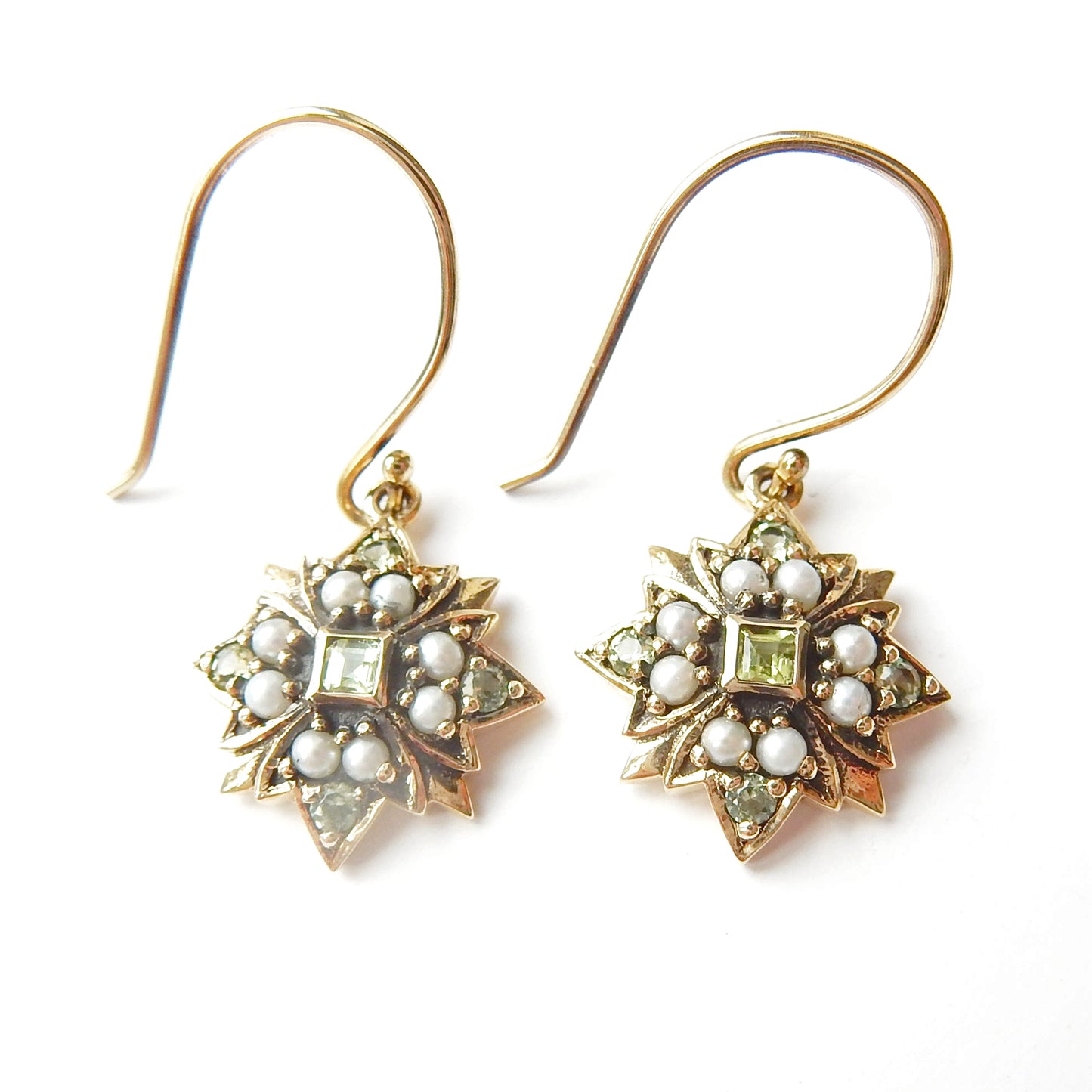 9ct Gold Peridot & Seed Pearl Drop Earrings (2.7grams)