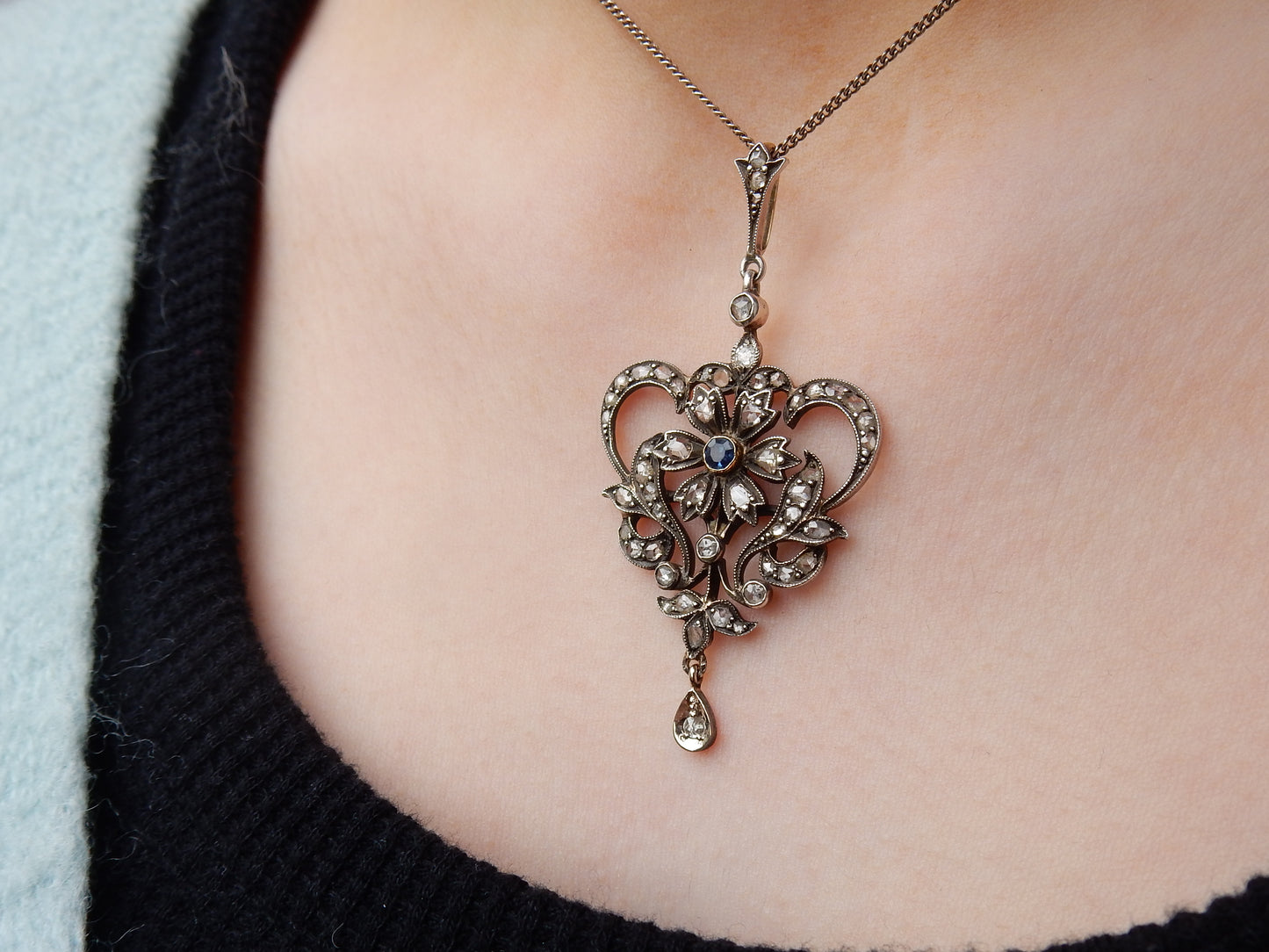 French Belle Epoch 9ct Gold & Silver Old Cut Diamond Sapphire Pendant