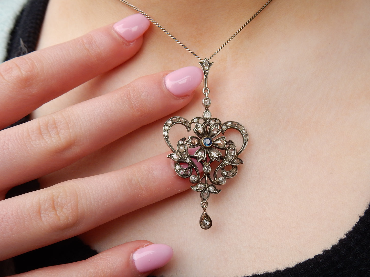 French Belle Epoch 9ct Gold & Silver Old Cut Diamond Sapphire Pendant