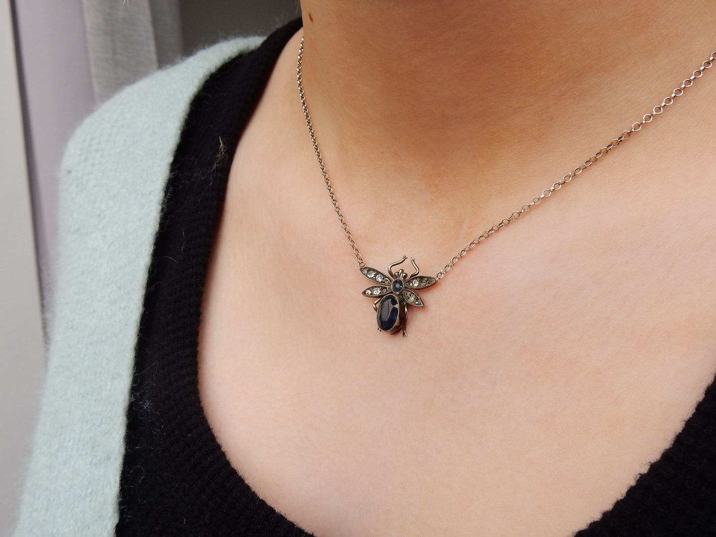 Edwardian Sterling Silver Blue Bug Necklace