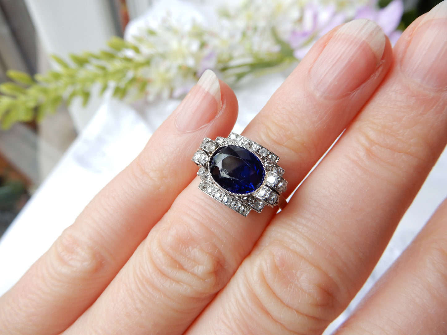 French Art Deco Sapphire & Diamond Ring