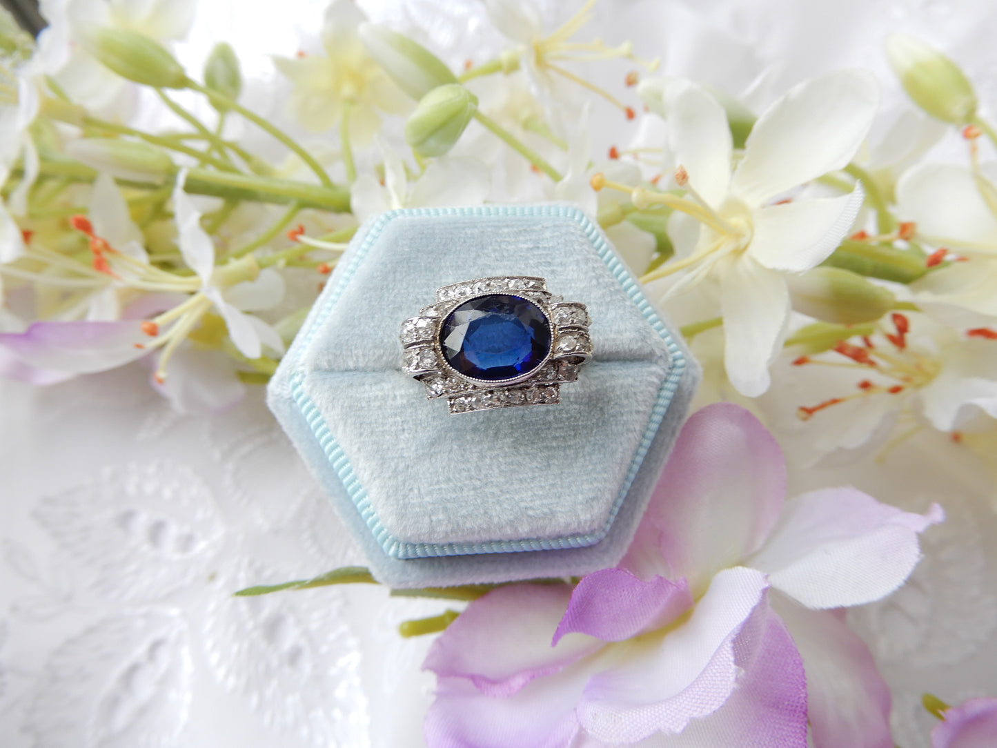 French Art Deco Sapphire & Diamond Ring
