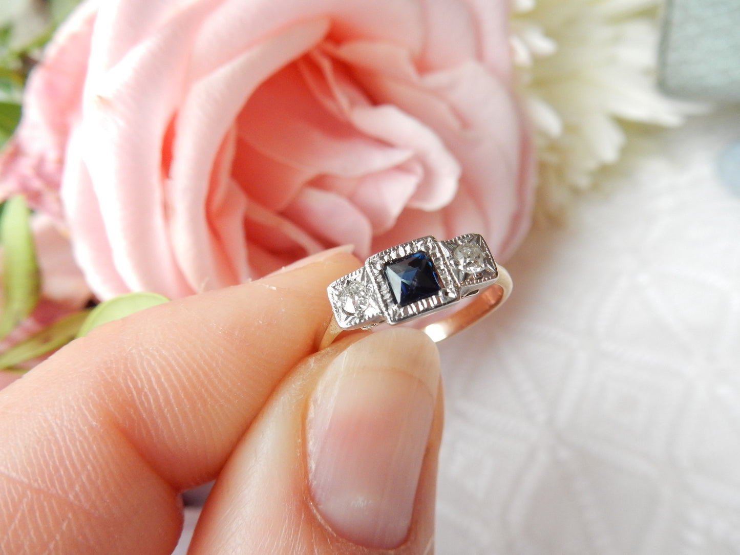 Art Deco 9ct Gold Platinum Sapphire & Diamond Ring