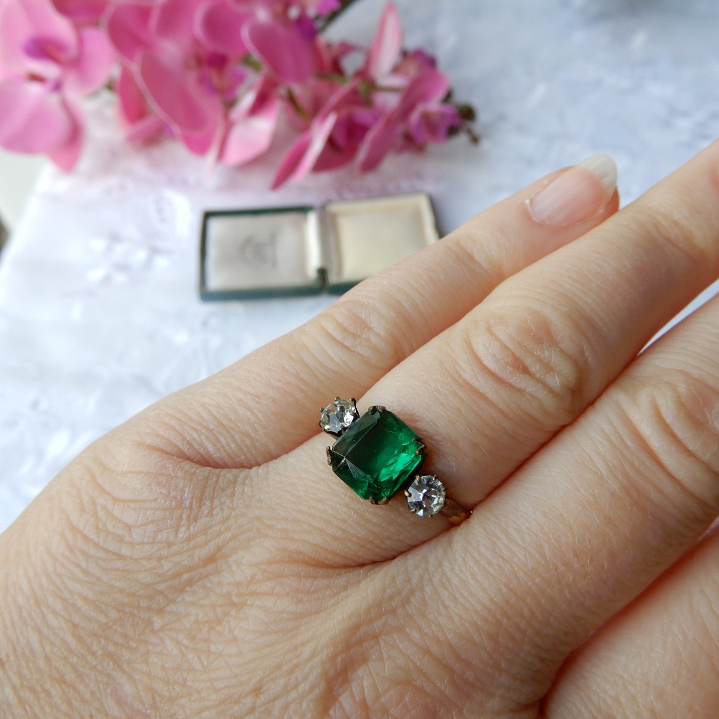 Art Deco Rolled Gold Emerald Paste Ring